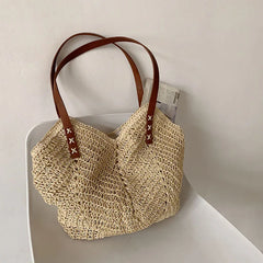 Rattan Shoulder Bag Large Straw Beach Handbag Tote Women's Summer Bucket Bags