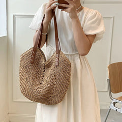 Rattan Shoulder Bag Large Straw Beach Handbag Tote Women's Summer Bucket Bags