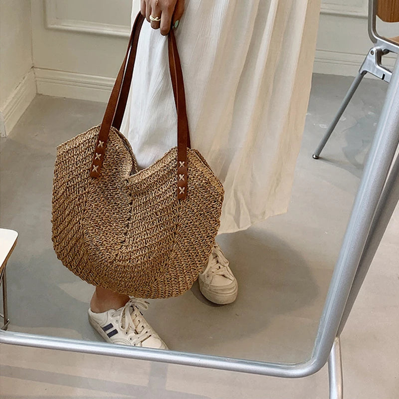 Rattan Shoulder Bag Large Straw Beach Handbag Tote Women's Summer Bucket Bags