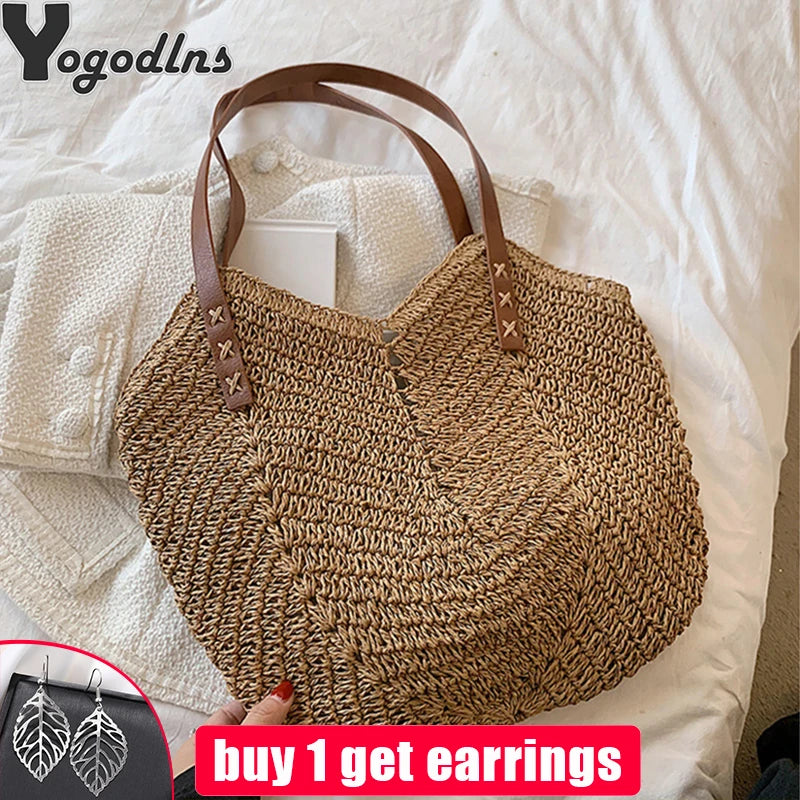 Rattan Shoulder Bag Large Straw Beach Handbag Tote Women's Summer Bucket Bags