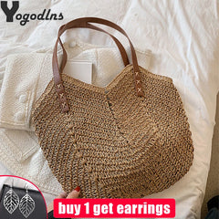 Rattan Shoulder Bag Large Straw Beach Handbag Tote Women's Summer Bucket Bags