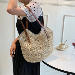 Rattan Shoulder Bag Large Straw Beach Handbag Tote Women's Summer Bucket Bags