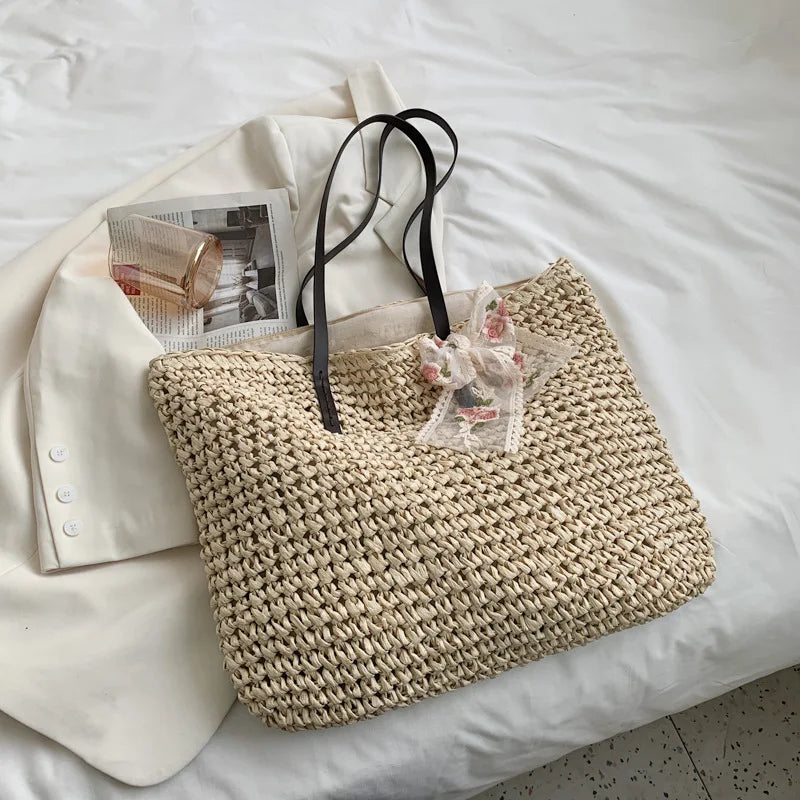 Straw Woven Underarm Shoulder Tote Bags & Scarf for Women
