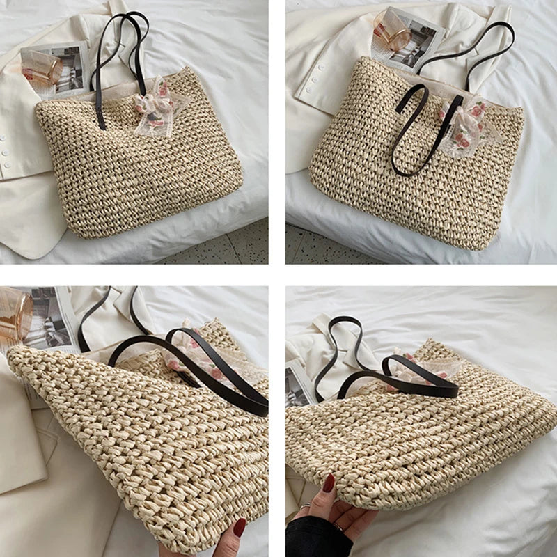 Straw Woven Underarm Shoulder Tote Bags & Scarf for Women