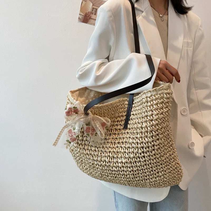 Straw Woven Underarm Shoulder Tote Bags & Scarf for Women