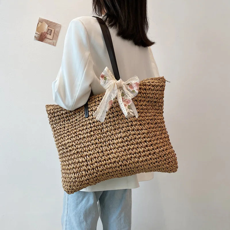 Straw Woven Underarm Shoulder Tote Bags & Scarf for Women