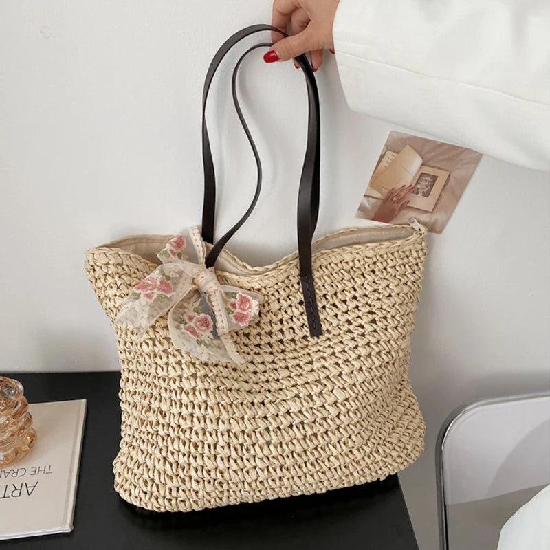 Straw Woven Underarm Shoulder Tote Bags & Scarf for Women