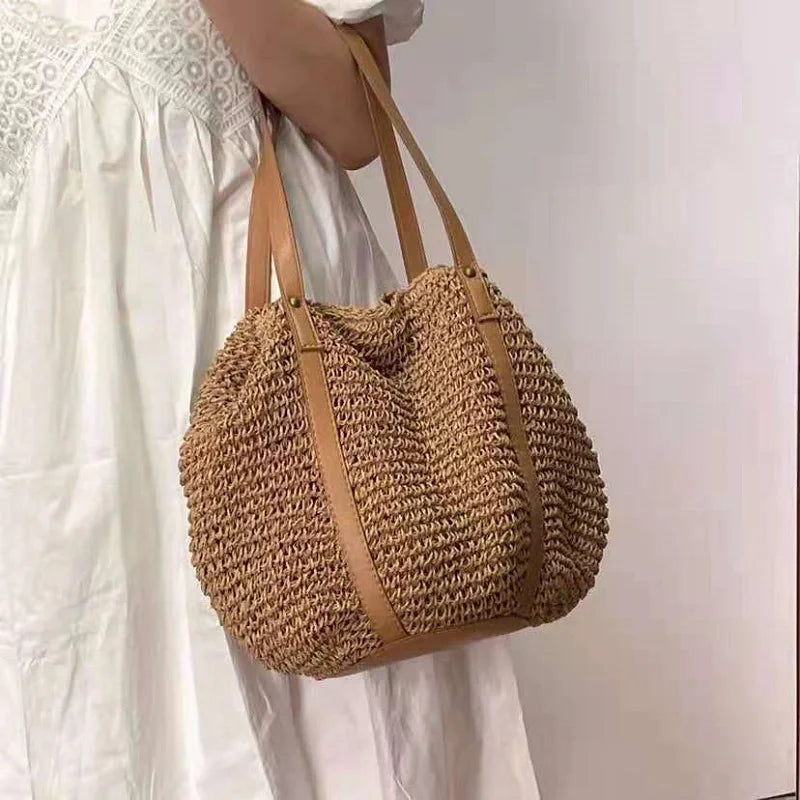 Summer Female Straw Shoulder Handbag Tote for Women Hollow Beach Travel Bag