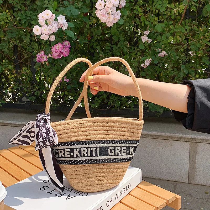 Summer Straw Woven Bucket Bag With Scarf Beach Crossbody Bag