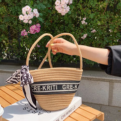 Summer Straw Woven Bucket Bag With Scarf Beach Crossbody Bag