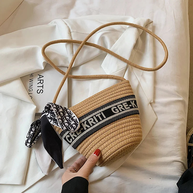 Summer Straw Woven Bucket Bag With Scarf Beach Crossbody Bag
