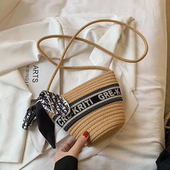 Summer Straw Woven Bucket Bag With Scarf Beach Crossbody Bag