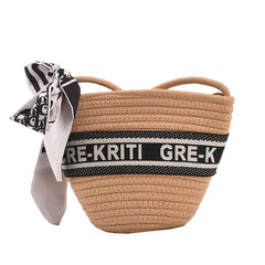Summer Straw Woven Bucket Bag With Scarf Beach Crossbody Bag