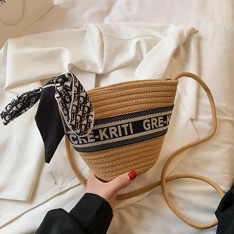 Summer Straw Woven Bucket Bag With Scarf Beach Crossbody Bag