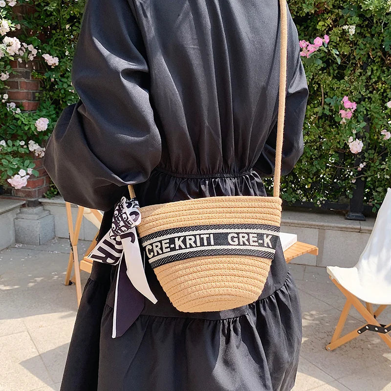 Summer Straw Woven Bucket Bag With Scarf Beach Crossbody Bag