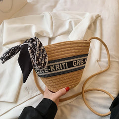 Summer Straw Woven Bucket Bag With Scarf Beach Crossbody Bag