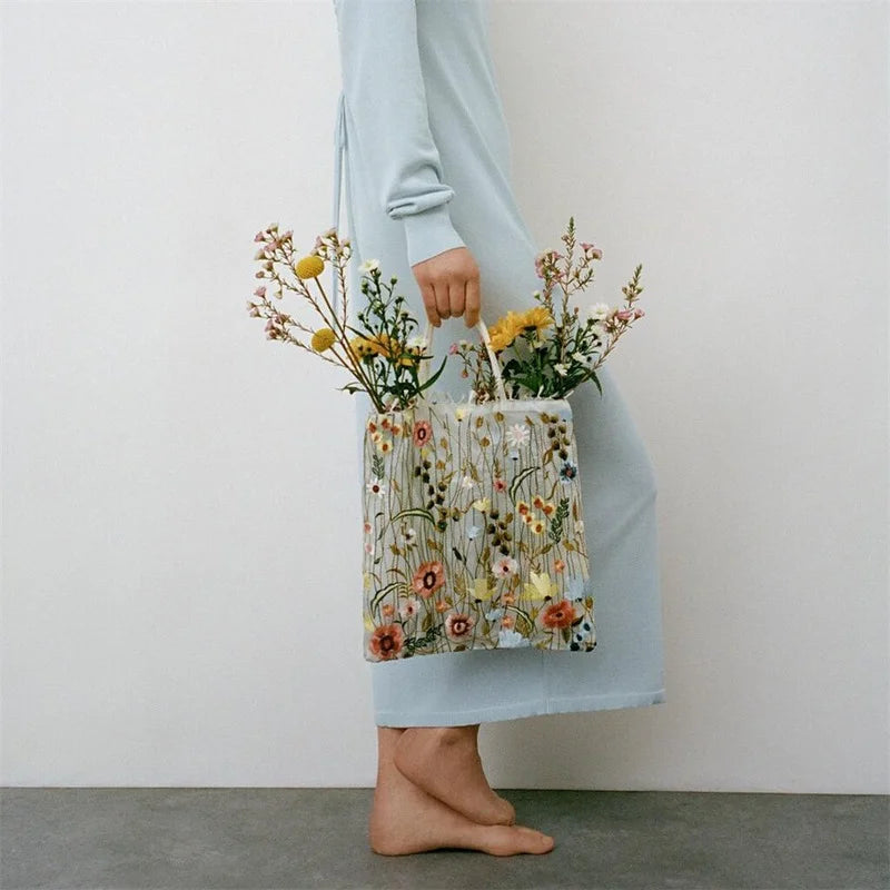 Summer Floral Beach Women Transparent Handbag Embroidered Flowers Shoulder Bag