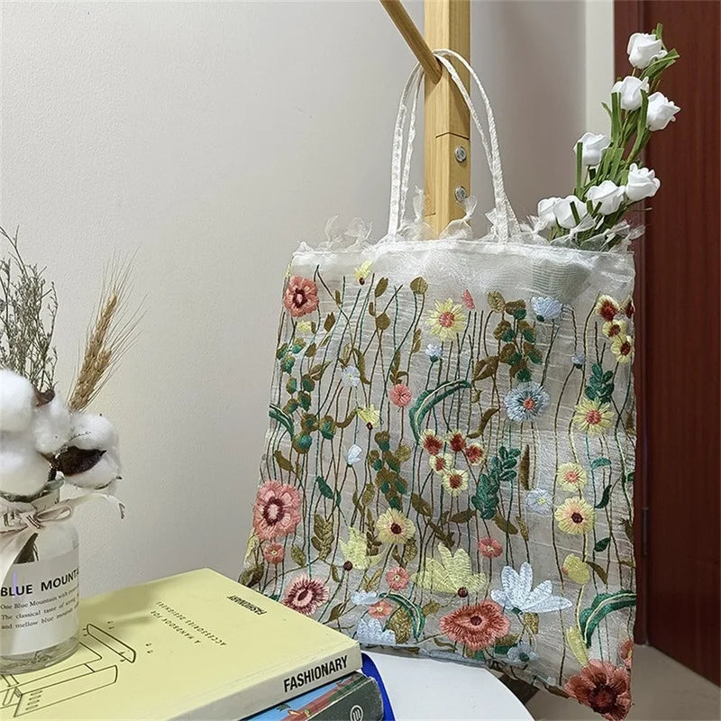 Summer Floral Beach Women Transparent Handbag Embroidered Flowers Shoulder Bag