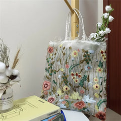 Summer Floral Beach Women Transparent Handbag Embroidered Flowers Shoulder Bag