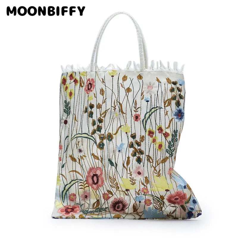 Summer Floral Beach Women Transparent Handbag Embroidered Flowers Shoulder Bag