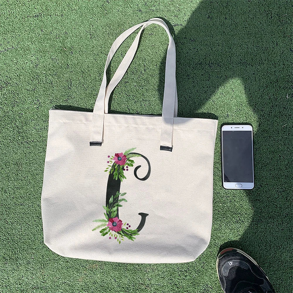 Summer Floral Initial Flower Letter Bolsa Feminina Shoulder Canvas Bag