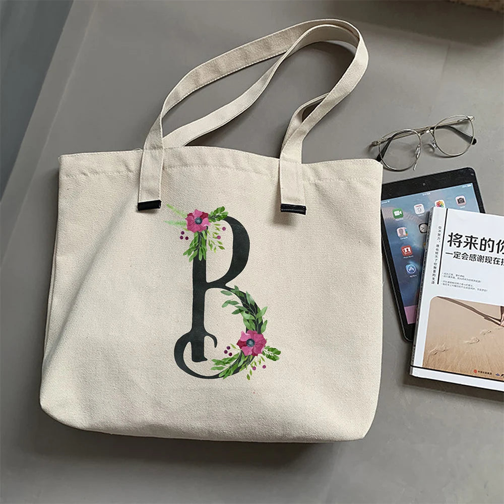 Summer Floral Initial Flower Letter Bolsa Feminina Shoulder Canvas Bag