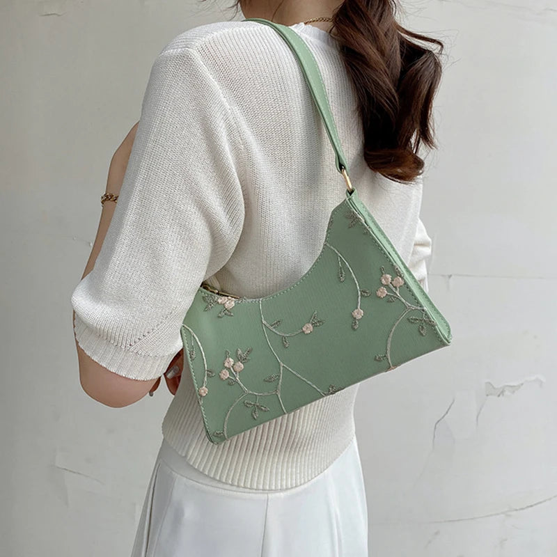 Summer Floral Stitching Shoulder Bag For Women Soft PU Leather Underarm Bags