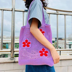 Summer Flower Handbag Women's Knitted Shoulder Bag Large Capacity Tote