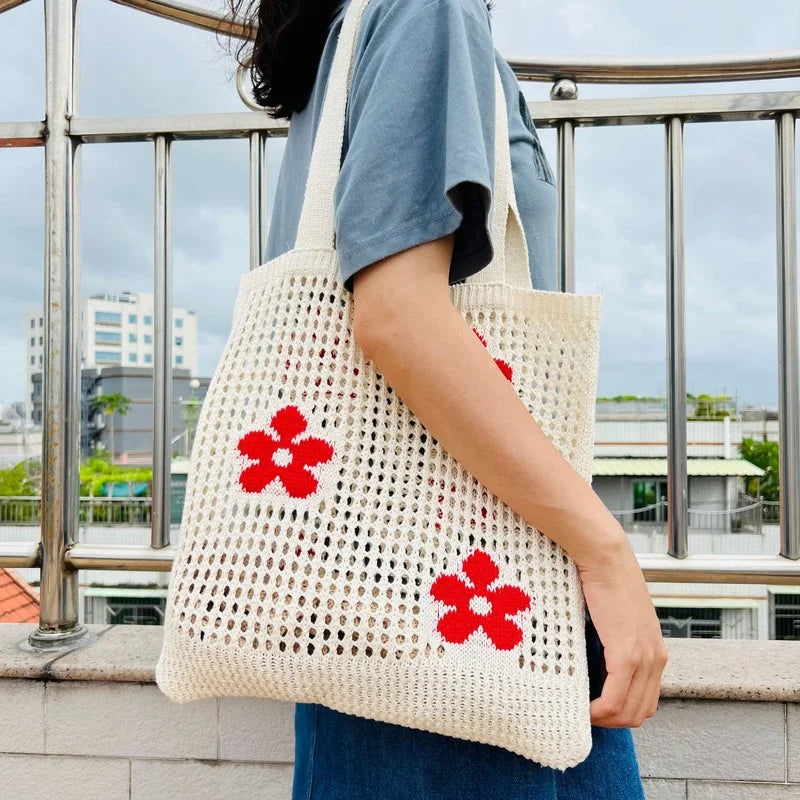 Summer Flower Handbag Women's Knitted Shoulder Bag Large Capacity Tote