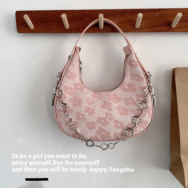 Summer Flower Underarm Bag Chains Shoulder Bag Sweet Girls Half-moon Handbag