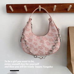 Summer Flower Underarm Bag Chains Shoulder Bag Sweet Girls Half-moon Handbag