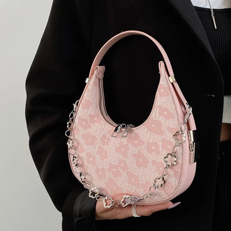Summer Flower Underarm Bag Chains Shoulder Bag Sweet Girls Half-moon Handbag