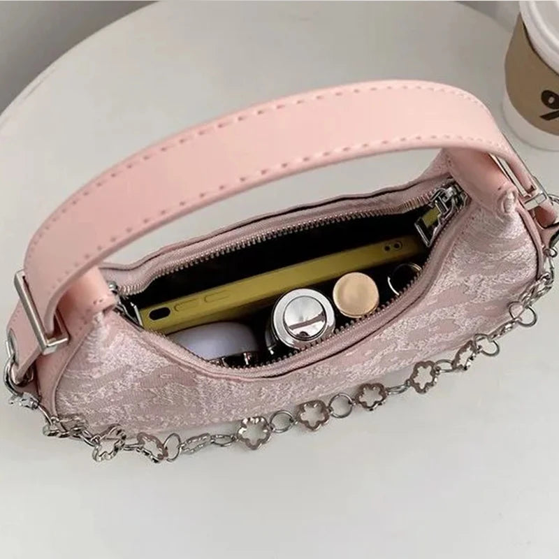 Summer Flower Underarm Bag Chains Shoulder Bag Sweet Girls Half-moon Handbag