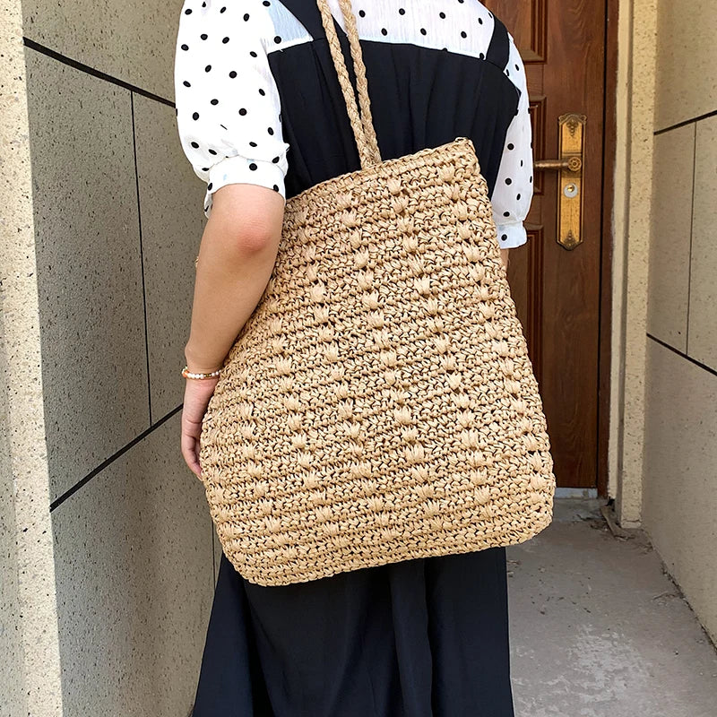 Bohemian Straw Beach Tote Handbag, Summer Travel Shopper, Large Shopping Bag
