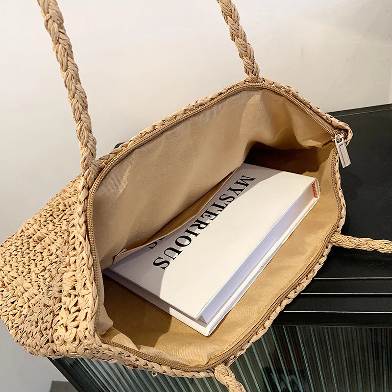 Bohemian Straw Beach Tote Handbag, Summer Travel Shopper, Large Shopping Bag