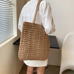 Bohemian Straw Beach Tote Handbag, Summer Travel Shopper, Large Shopping Bag