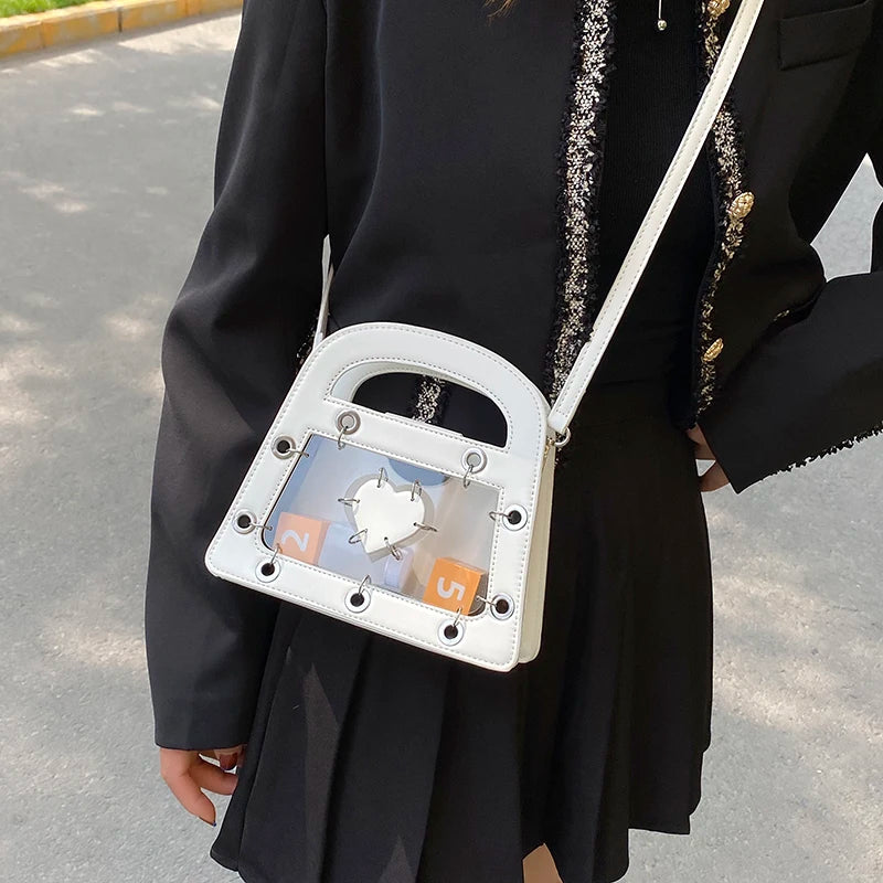 Transparent Beach Tote Bag Leather Heart Crossbody Women's Party Bag