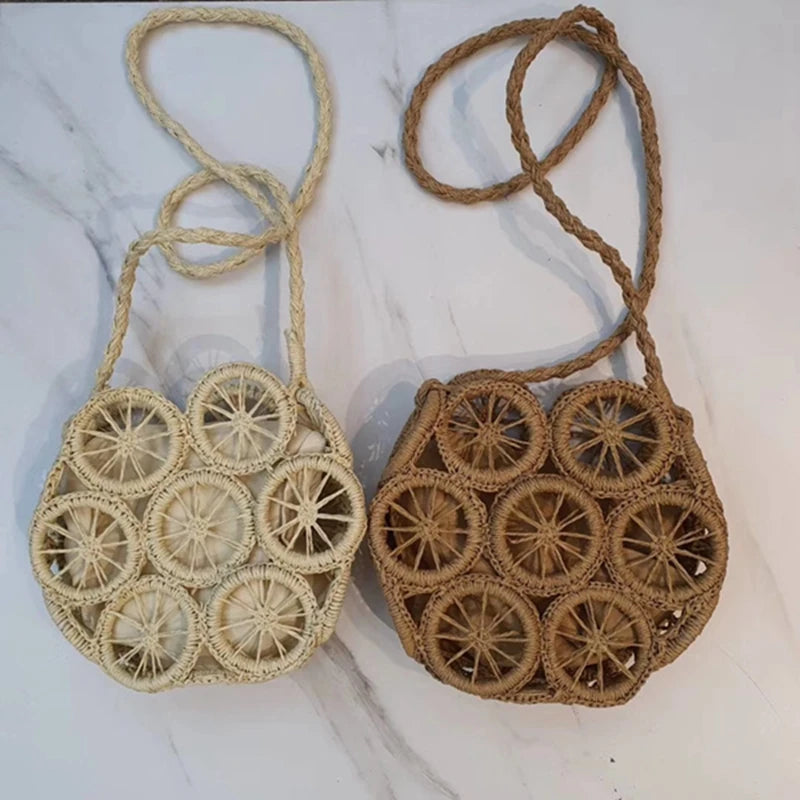 Women Straw Shoulder Bag Round Hollow Crossbody Travel Handbag Holiday Straw Bag