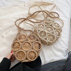 Women Straw Shoulder Bag Round Hollow Crossbody Travel Handbag Holiday Straw Bag