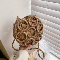 Women Straw Shoulder Bag Round Hollow Crossbody Travel Handbag Holiday Straw Bag