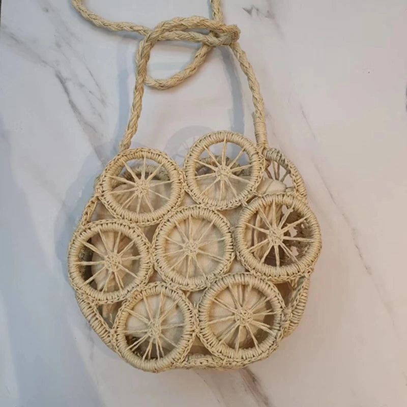 Women Straw Shoulder Bag Round Hollow Crossbody Travel Handbag Holiday Straw Bag