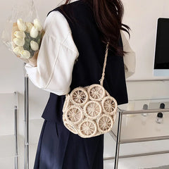 Women Straw Shoulder Bag Round Hollow Crossbody Travel Handbag Holiday Straw Bag