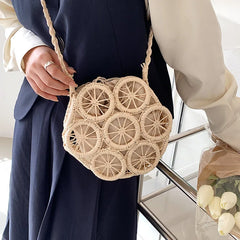 Women Straw Shoulder Bag Round Hollow Crossbody Travel Handbag Holiday Straw Bag