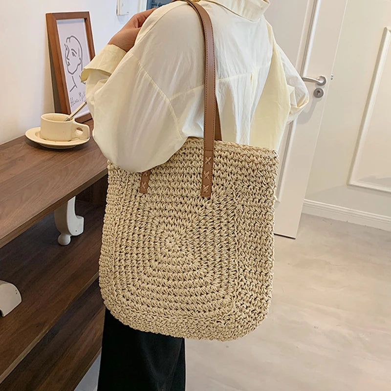 Straw Shoulder Bag Rattan Beach Bags Large Capacity Woven Handle Bag