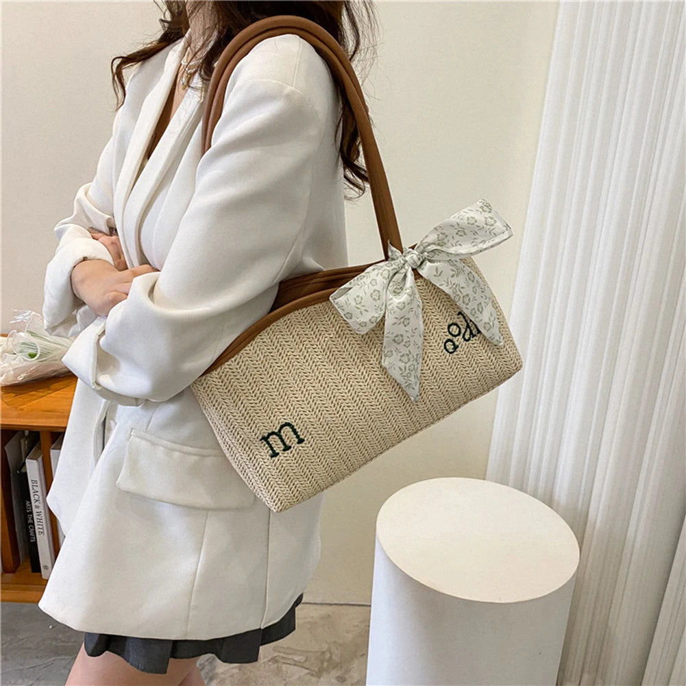 Summer Straw Shoulder Bag with Scarf, Beach Woven Tote Purse for Lady Handbag