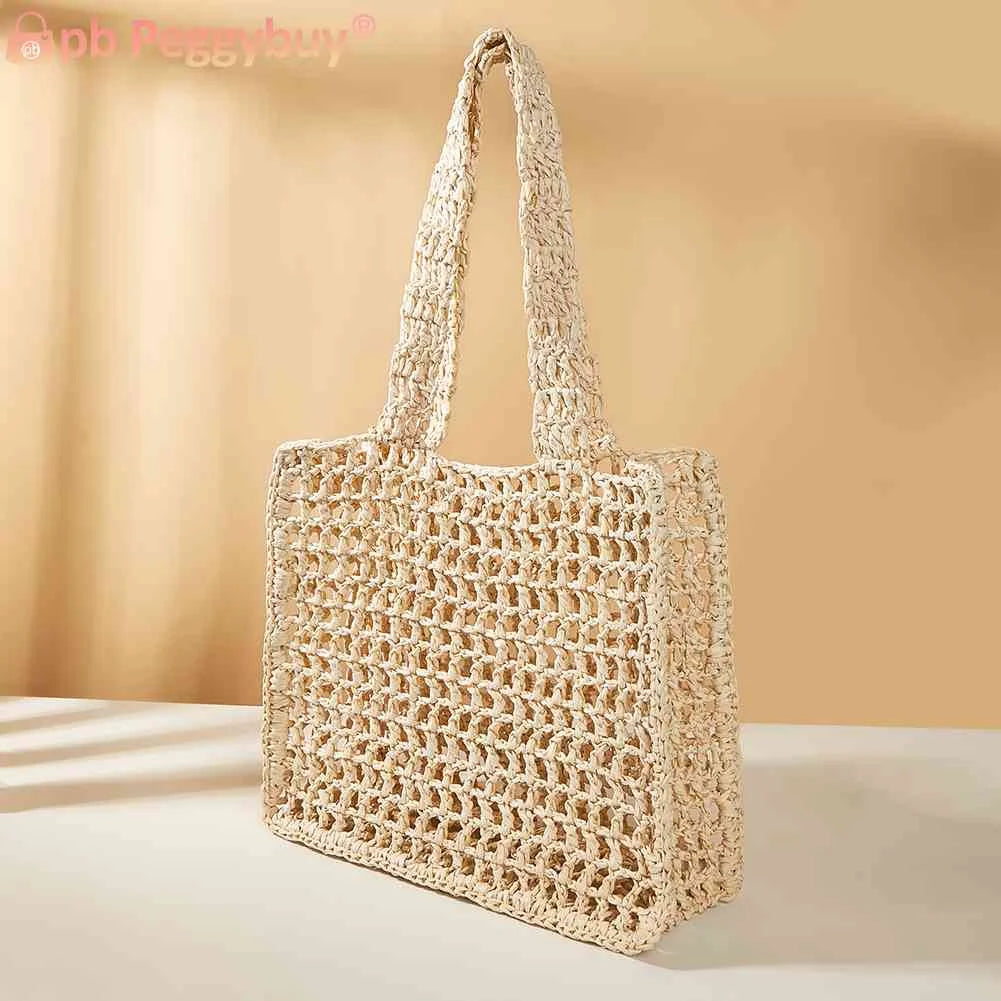 Summer Ladies Woven Tote Hollow Top-handle Bag Casual Portable Net Crochet