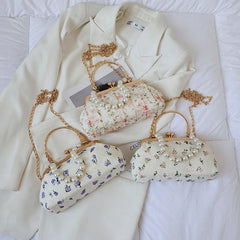 Lady Shoulder Bags Flowers Pearl Chain Handbags PU Crossbody Bag