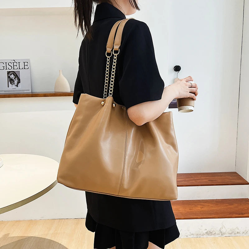 Summer Soft Leather Chain Women Shoulder Bag Large Capacity Ladies Tote