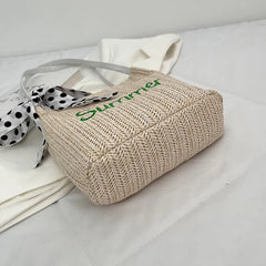 Summer Bucket Embroidery Straw Woven Bag with Silk Scarf Decoration