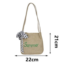 Summer Bucket Embroidery Straw Woven Bag with Silk Scarf Decoration